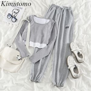 Kimutomo Streetwear Zestawy Kobiety Fałszywy Dwuczęściowy O-Neck Z Długim Rękawem Patchwork Krótka koszulka Kobieta Szary Spodnie String Casual 210521