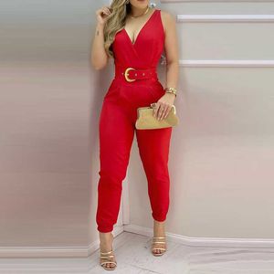 Dammode Elegant ärmlös Partywear Jumpsuits Formell kontor Dam Workwear Casual V-hals Bälted Jumpsuit 210716