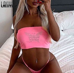 LAISIYI 2020 Hot Butterfly Print Seqruined Sexy Crop Tube Tops Summer New Women Fashion Streetwear Club Outfits Tank Top X0507