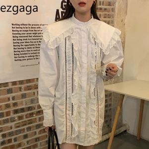 Ezgaga Hollow Out Women Dress Korean Chic Spring New Peter Pan Collar Long Sleeve Ruffles Loose White Lovely Girl Vestidos 210430