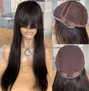 Perucas de encerramento com bang seda retas 10a grau Malaysian Virgem Humano Cabelo Culleless Lace Peruca para Black Woman Fast Express Entrega