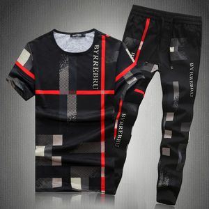 Ice Silk Sets Mens Large Size Short T-shirt Plaid Half Sleeve Summer Thin Fashion Exercise Casual Pants Two-Piece Set