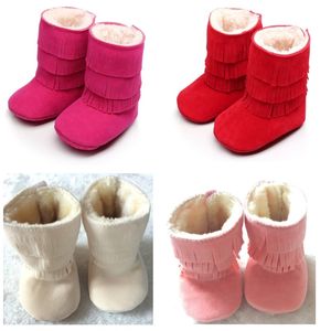 Winter Christmas Baby Girls Snow Boots Fur Fringe Suede Solid Baby Shoes Newborn First Walkers 10-15cm Pink Red Beige Shoe 210413