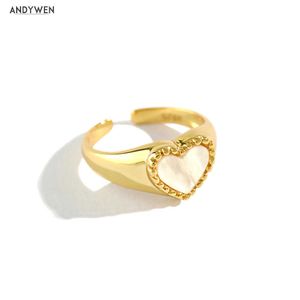 Andywen 925 Sterling Silver Heart White Enmy Geometryczne pierścienie Resizable Regulowane Klejnoty Punk 210608