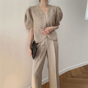 Sommer Damen Anzug Koreanischen Stil Retro Einfarbig V-ausschnitt Einreiher Lose Beiläufige Kurze Weibliche Mäntel GX400 210507