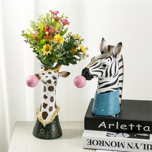 Bao Guang TA Resin Animal Head Wazon Doniczka Bubble Gum Pokój Dekoracji Symulacja Zebra Panda Deer Creative Crafts Decor 220221