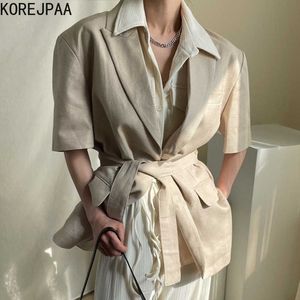 Korjpaa kvinnor blazers sommar koreanska chic damer franska retro lapel två spänne band midja lösa casual kostym kort jackor 210526