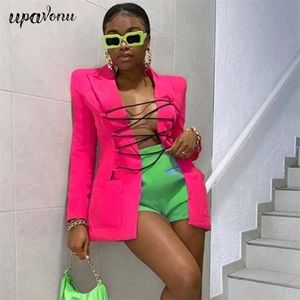 Бесплатный Chic Cross Кружева Blazer Женский Сексуальный Отворотный Осложневый Длинный Рукав Тонкий Модный Модный Уличный стиль Куртка 210524