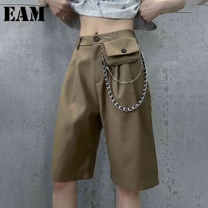 [EAM] High Elastic Waist Khaki Metal Chain Knee Length Trousers Loose Fit Pants Women Fashion Spring Summer 1DD7938 21512