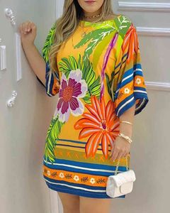 春夏の女性の熱帯印刷ミニドレス新しい女性半袖ブラジル風のカジュアルな服の女性セクシーな衣装210415