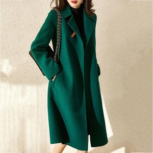 Wełna damska Mieszanki Kobiety Elegancki Retro Płaszcz Z Pasem 2021 Zima Ciepła Płaszcz Znosić Plus Size Kobiet Koreański Wysokiej Jakości Green