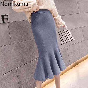 Nomikuma Stretch Trumpet Skirt Mulheres Cor Sólida Slim Fit Cintura Alto Cintura Feminina Feminante Fash Faldas Mujer 3D194 210514