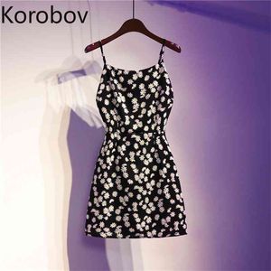 Korobov coreano doce espaguete cinta mulheres vestido verão flor impressão nova vestidos femininos elegante plus size vestidos mujer 210430