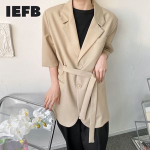 IEFB homens blazers verão bandagem cinto design entalhado colarinho de manga curta terno casaco para macho meados de comprimento casaco y6235 210524