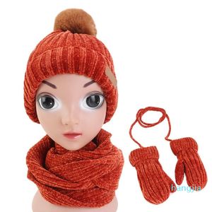 Caps Crianças Crianças Inverno Quente Beanie Chapéu Longo Lenço Luvas Set Velvet Knit Plush Alinhado Sólido Pompom Crânio Tampão