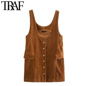 TRAF KVINNOR SÖK MASHION METAL KNAPPEN CORDUROY PinaFore Dress Vintage Wide Straps Flap Fickor Kvinnliga Klänningar Mujer 210415