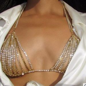 Collane con ciondolo Collana con reggiseno sexy Catena con strass Gioielli Scava fuori Bikini in cristallo dorato Nappa Catene incrociate Pancia sul petto superiore