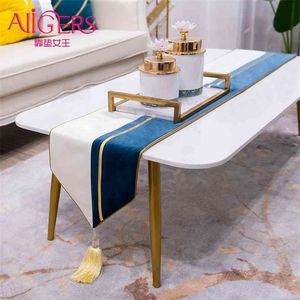 Avigers Luxury Modern Patchwork Table Löpare med Tassels Hem Dekorativ för Bröllopsfest El Navy Blå Grå Rosa 210628