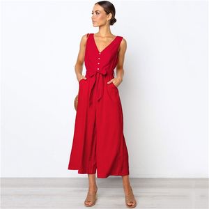 Jumpsuit Mulheres Vermelho Vermelho Plus Size Button Grande Perna Calças V Pescoço Moda Sexy Bolsos Cinto Solto Sem Mangas Romper LR233 210531