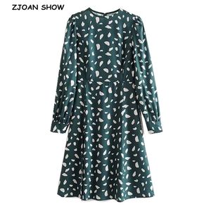 Elegant French style Women Leopard Dot Print Back Slit Shirt Dress Green Office Ladies Retro Long sleeve Short Autumn Dresses 210429