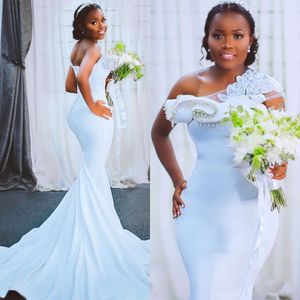 2021 Modest Mermaid Wedding Dresses Bridal Gown One Shoulder Beaded Crystals Lace Applique Sweep Train Custom Made African Plus Size Vestido De Novia