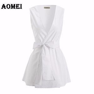 Women White Blouse Sleeveless With Sashes V Neck Solid Color Woman Tops Shirt Blusas Plus Size 3XL Office Ladies Fashion 210416