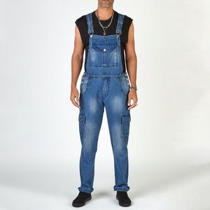 Mäns Jeans Fashion Denim Overaller med fickor Knapp upp Skinny Pencil Byxor För Män Streetwear Trousers Ropa Hombre