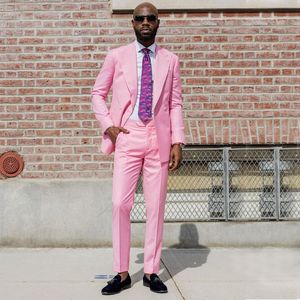 Pembe İki Adet Erkek Takım Elbise Doruğa Yaka Erkek Smokin Düğün Blazers Için Slim Fit Damat Pantolonlu Yan Havalandırma Balo Ceketler Giyim