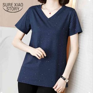 Verão simples t-shirt solta mulheres menina grande camisa feminina plus size 4xl meio comprimento em v-pescoço em v manga curta roupas 10136 210510