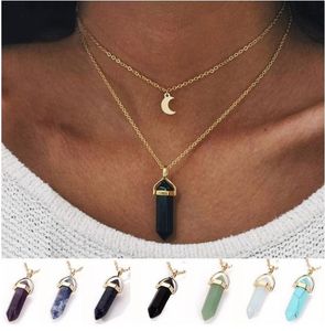 Hexagonal Prism Healing Crystal stone pendant necklace rhombus bullet gold chains necklaces for women fashion jewelry