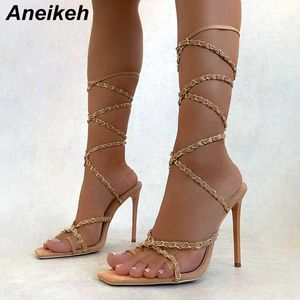 Aneikeh Moda Seksi Yaz Akın Tanga Sandalet Ayakkabı Kadınlar için Parti Çapraz Bağlı Roma Klasikler Dantel-up Muhtasar Karışık Renkler 210626