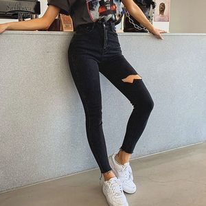 Pantalon Sexy High Waist Tassel Ripped Holes Denim Pants Female Trousers Pencil Jeans Women Skinny Black 10401 210521