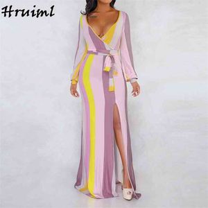 Boho Dress Beach Skinny Sexy Fashion Dresses for Women Long Sleeve Striped Floor Length Thigh Slit Vestido De Mulher 210513