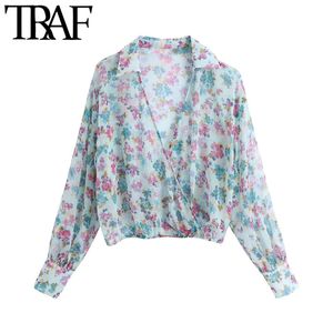 Traf Women Fashion Semi-Sheer Floral Print Croped Bluses Vintage Long Sleeve Elastic Hem Female Shirts Chic Tops 210415