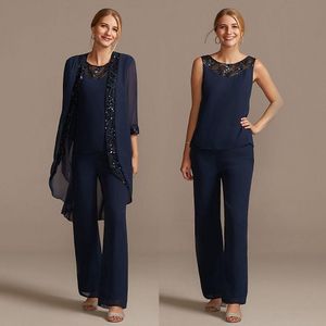 Mörk Navy Mor av bruden Dress Pant Passit Med Långärmad Jacka Sequined Pantsuits Bateau Neck Chiffon Groom Mothers Outfit