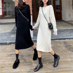 Långärmade Höst Vinter Kvinnor Klänningar Strikkad Koreansk Stil Modig Oversize Varm Elegant Lady Midi Dress 220b 210420