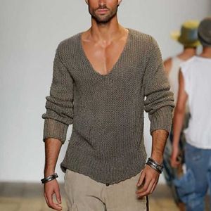 Spring Autumn Sweater Men Arrival Casual Pullover Long Sleeve Deep V Neck Solid Knitted Sweaters Streetwear 5XL 210909