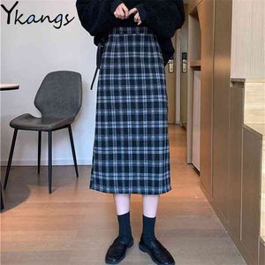 Hög midja Midi lång plaid kjol för kvinnor våren elegant kontor dam vintage koreansk stil höst maxi s 210421