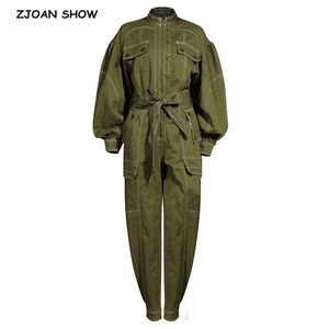 Şık Sonbahar Ordusu Yeşil Safari Kadın Tulumları Tie Bow Bel Uzun Fener Kollu Bodysuits Pants Romper Playsuits 210429
