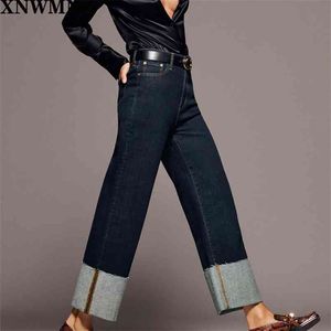 Xnwnz za mulheres outono inverno desbotado cintura alta calça jeans bolso largamente turn-up hems zip mosca moda calça denim casual 210708