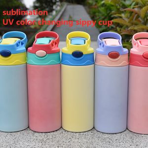 Sublimação UV Cor Mudando Sippy Cropa Reta Kids Garrafa de Aço Inoxidável Garrafas De Garrafas Duplas Parede Com Tampas E Palha