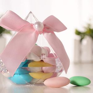 Presentförpackning 1pcs Bröllopsartiklar Transparent Clear Candy Box Diamant Shape Plastic Magpie Sugar Handgjorda Bow Party Decor