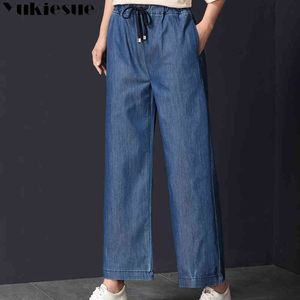 High waist jeans woman summer autumn denim jeans for women elastic waist denim wide leg pants female trousers jeans femme 210519