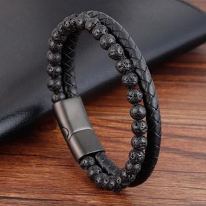 Men Beacelets Natural Volcano Stone Leather Magnetic-clasp Cowhide Braided Trendy Bracelet Armband Pulsera Hombre Dropshipping GC149