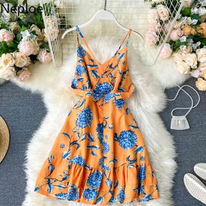 Neploe Flower Sexy Backless Dress Mulheres Sexy V Neck Sem Mangas Camis Vestidso Verão Moda Knee Lenght Uma Linha Vestidos 210423