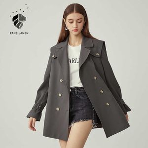 Fansilanen Casual Bandage Kvinnors Trench Coat Höst Winter Motside Streetwear Windbreaker Fashion Gray Jacket Femme 210607