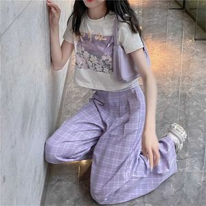 Harajuku Purple Lace Stitching Plaid Wide Leg Pants Vintage Loose BF Casual Hip Hop Trousers Women Pocket Summer Streetwear 210619