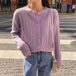 Roxo Mulheres Cardigans Sólidos Outono Inverno Suéteres Coreanos Doce All Muder Muder Chaqueta Tops Finas Curto 17461 210415