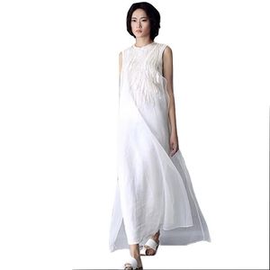 Casual Dresses Women Dress Plus Size XL Linen Cotton Chiffon Maxi Solid Color Embroidery O Neck Long White Sleeveless Summer