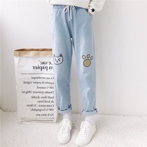 Female Pants Cartoon Cat Embroidery Jeans Trousers Loose Pattern Casual Elastic Waist Blue 643E 210420